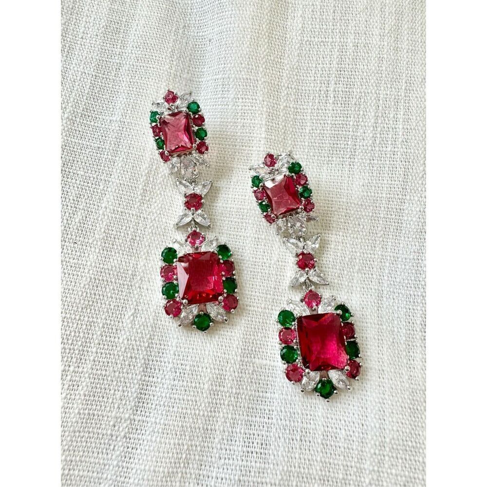 Hot pink and green super sparkly cubic zirconia chandelier earrings ￼